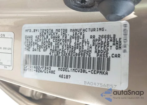 2002 Toyota Camry Le V6 z USA, uszkodzony, nr VIN 4T1BF32K02U009876